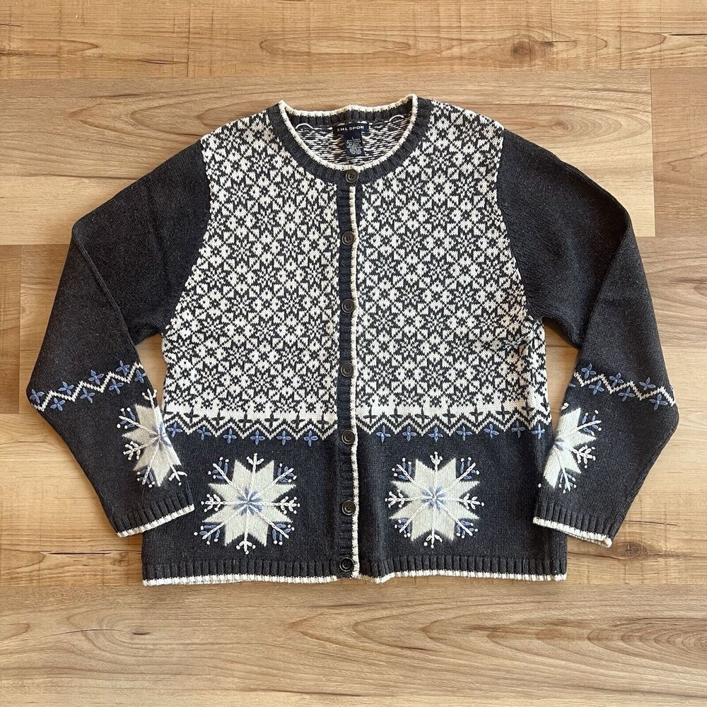 Embroidered Snowflake Holiday Cardigan Sweater VTG Button Ramie SML Sport Size L